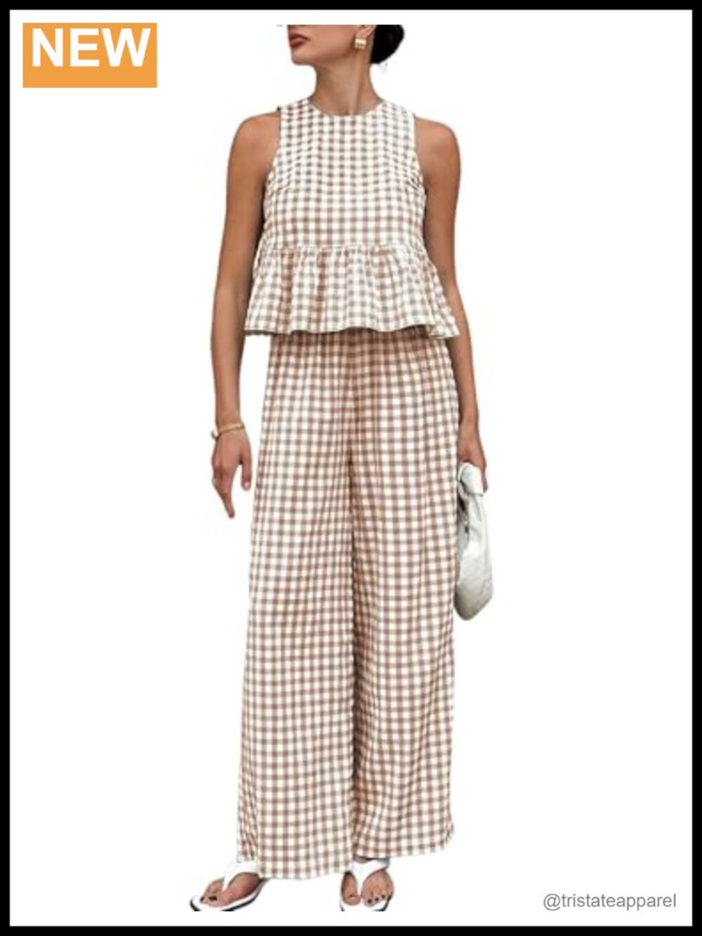Womens 2 Piece Gingham Sleeveless Wide Leg Pant Set Summer Matching Outfit